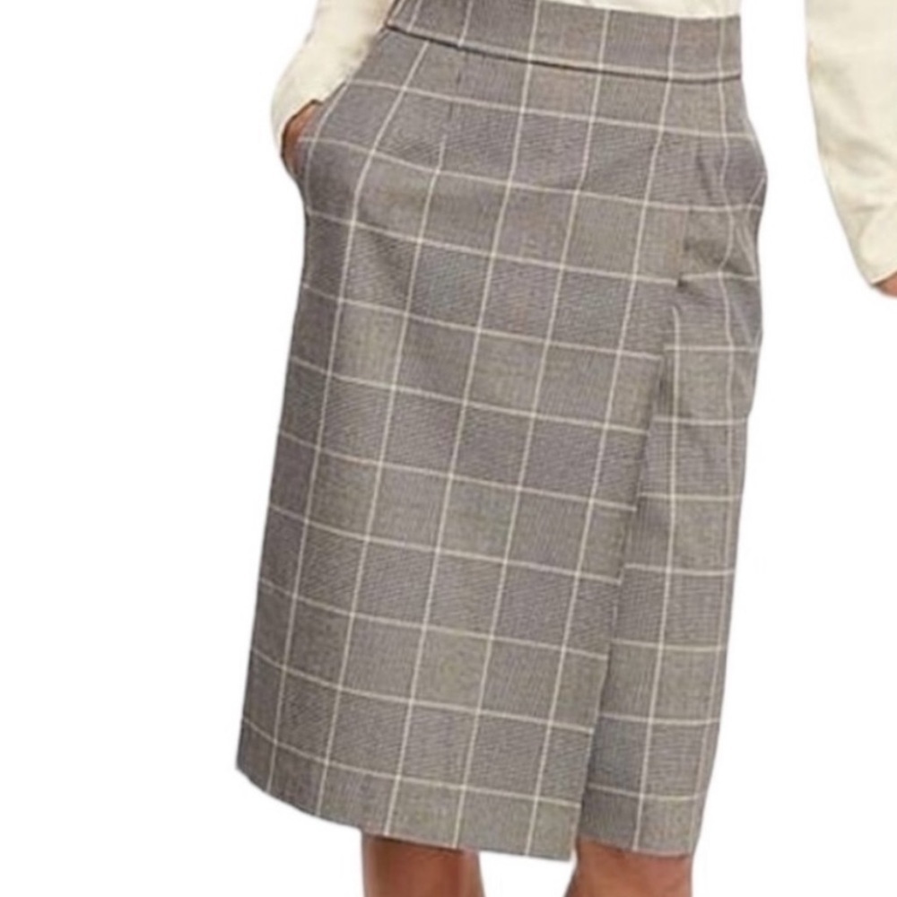 NWT Uniqlo black, white & mustard tartan plaid print midi pencil skirt size XS